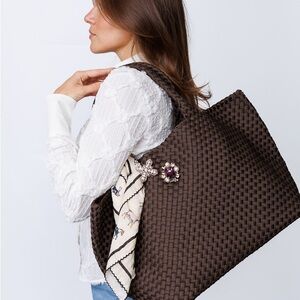 Woven Large Hobo Tote in Chocolate Brown with Scarf Accent